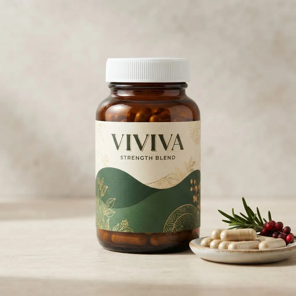Viviva Strength Blend bottle with capsules